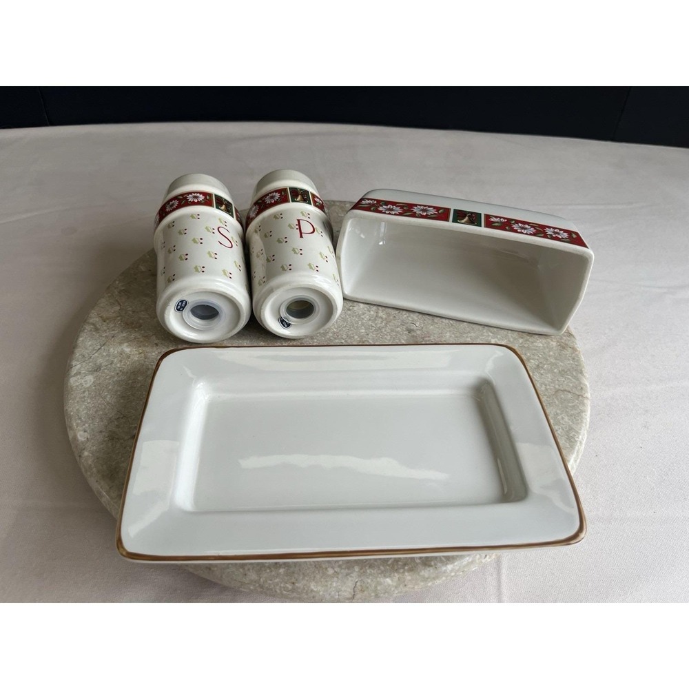 Vintage Carlton Hall By Kobe Christmas Hostess Set Butter Dish , Salt And Pepper - Picture 4 of 5